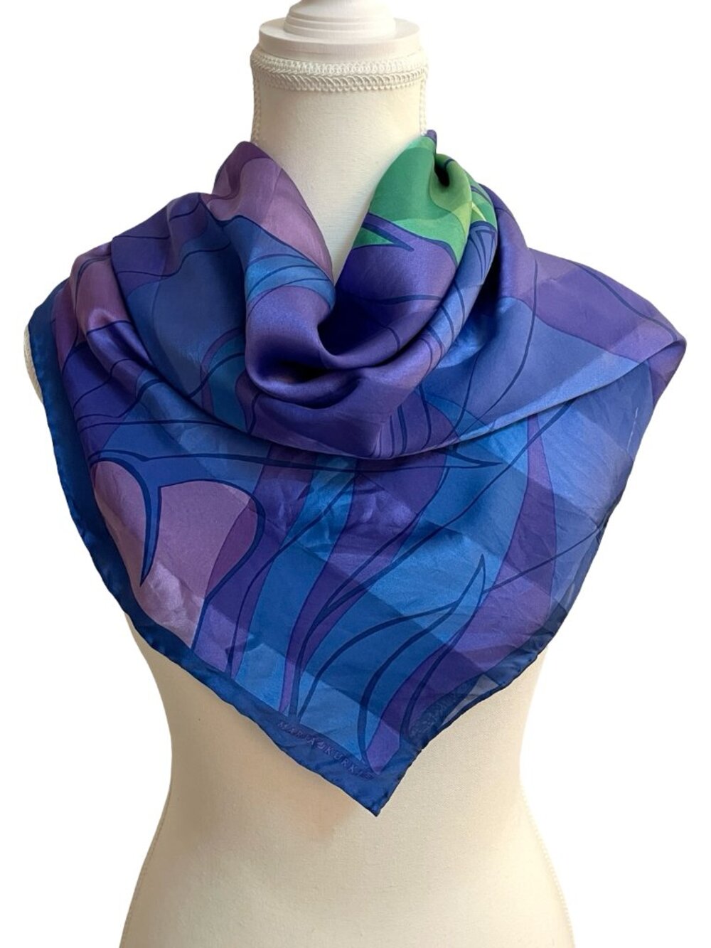 Marja Kurki Abstract Floral Silk Feel Scarf Purple Blue Hand Rolled 33 x 34 - Picture 1 of 8